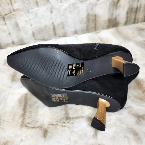 Sassy Looking Black Suede 2" Gold Chunky Heel Ankle Bootie - Picture 6 of 6